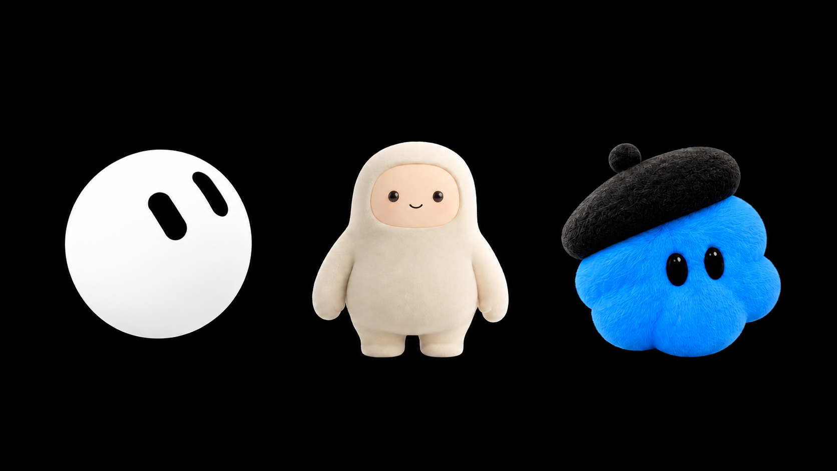 From left, Grok Bot’s white round avatar, Muse’s cream character and Dots’ blue character in a black beret, on a black background.
