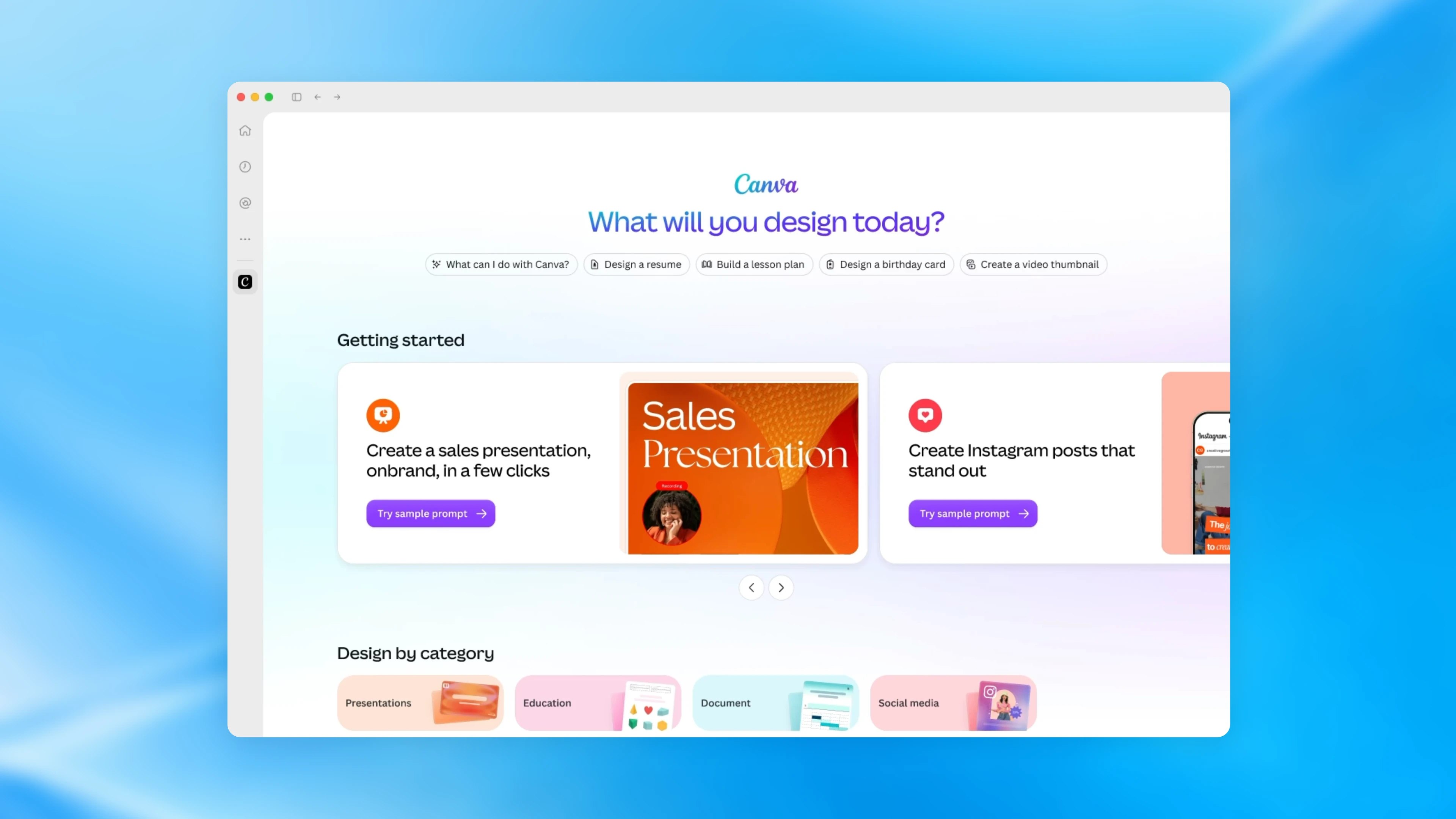 Canva interface in ChatGPT showing presentation and social design options.