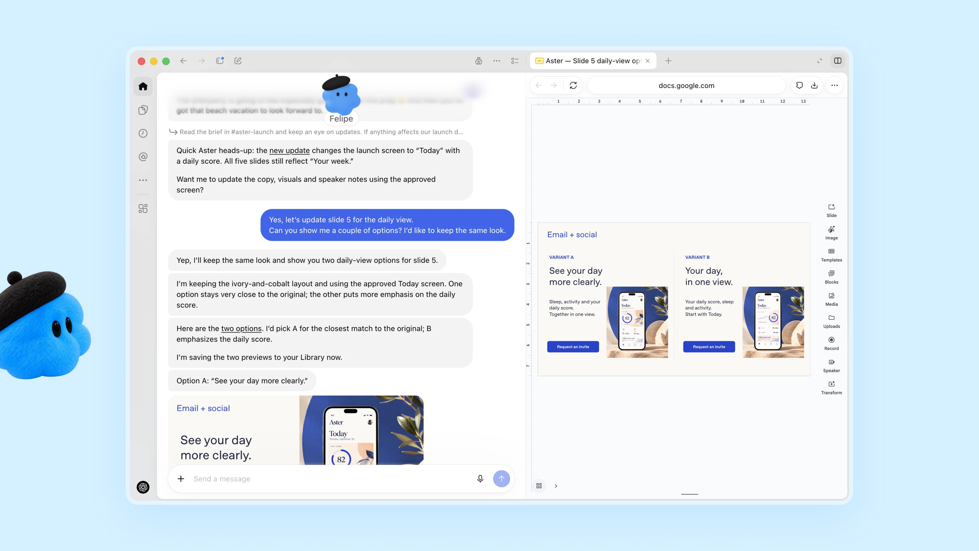 OpenAI demonstration of a Dots conversation beside email and social design options.