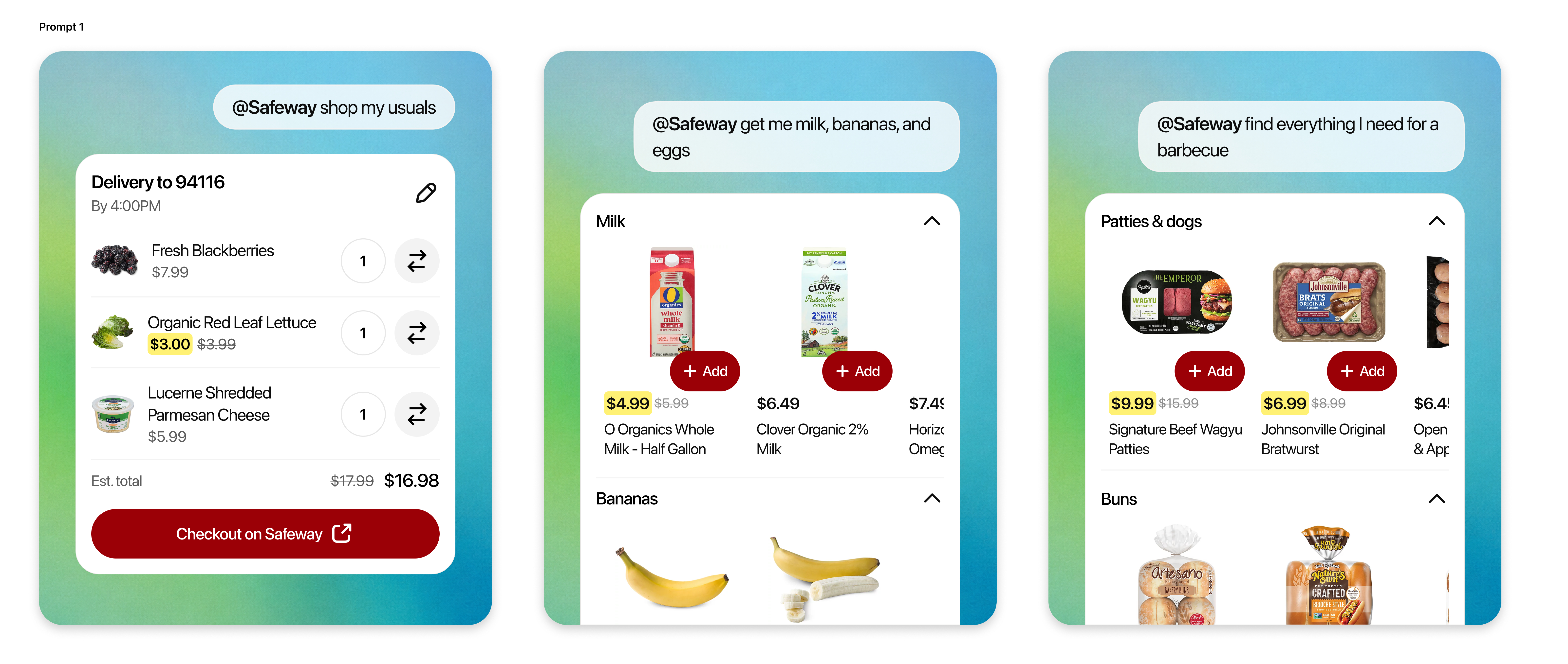 Safeway demonstration of grocery requests, product choices and a basket that checks out on Safeway.