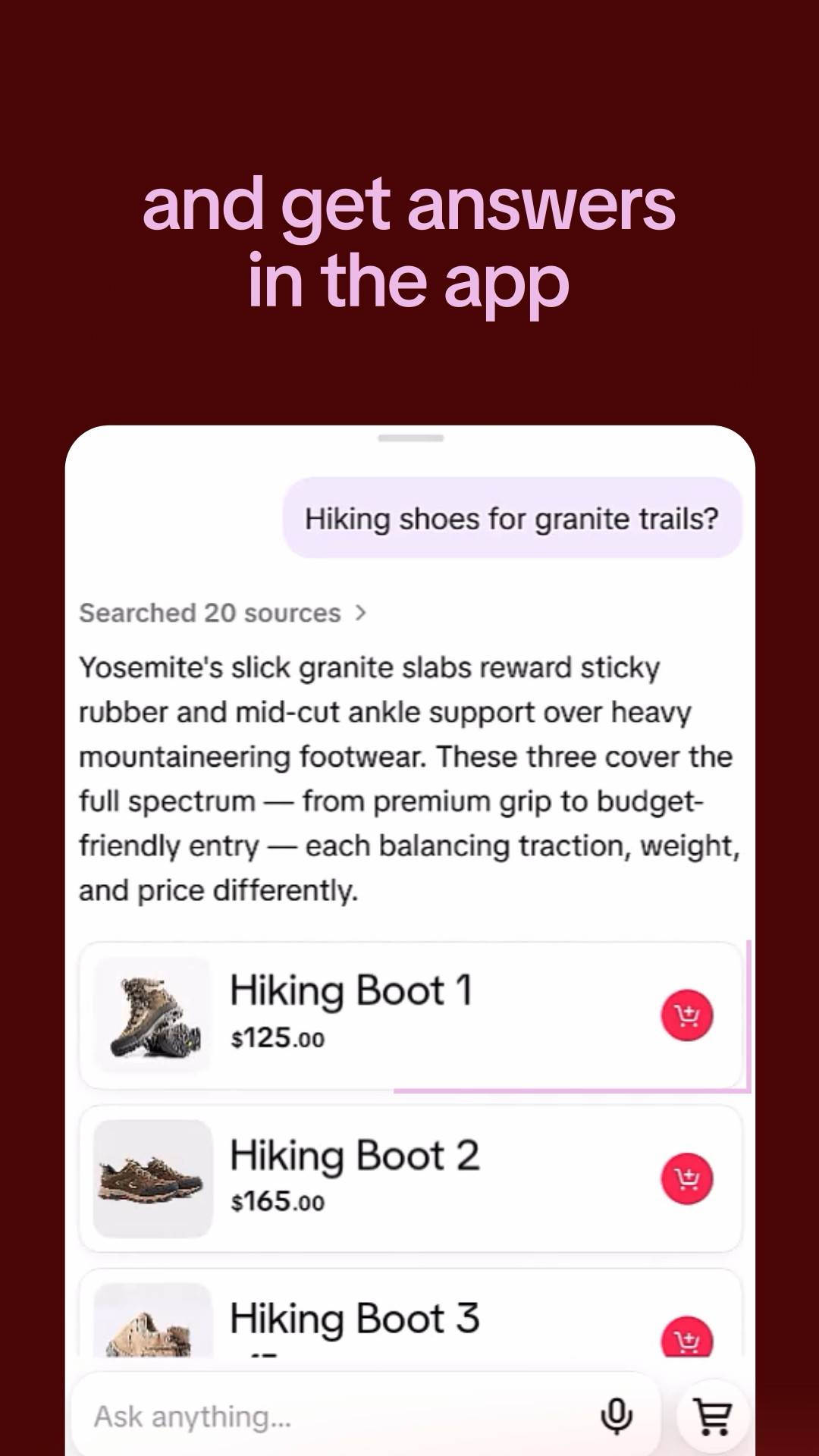 TikTok promotional demonstration: a question about hiking shoes for granite trails, a source-based answer and product recommendation cards.