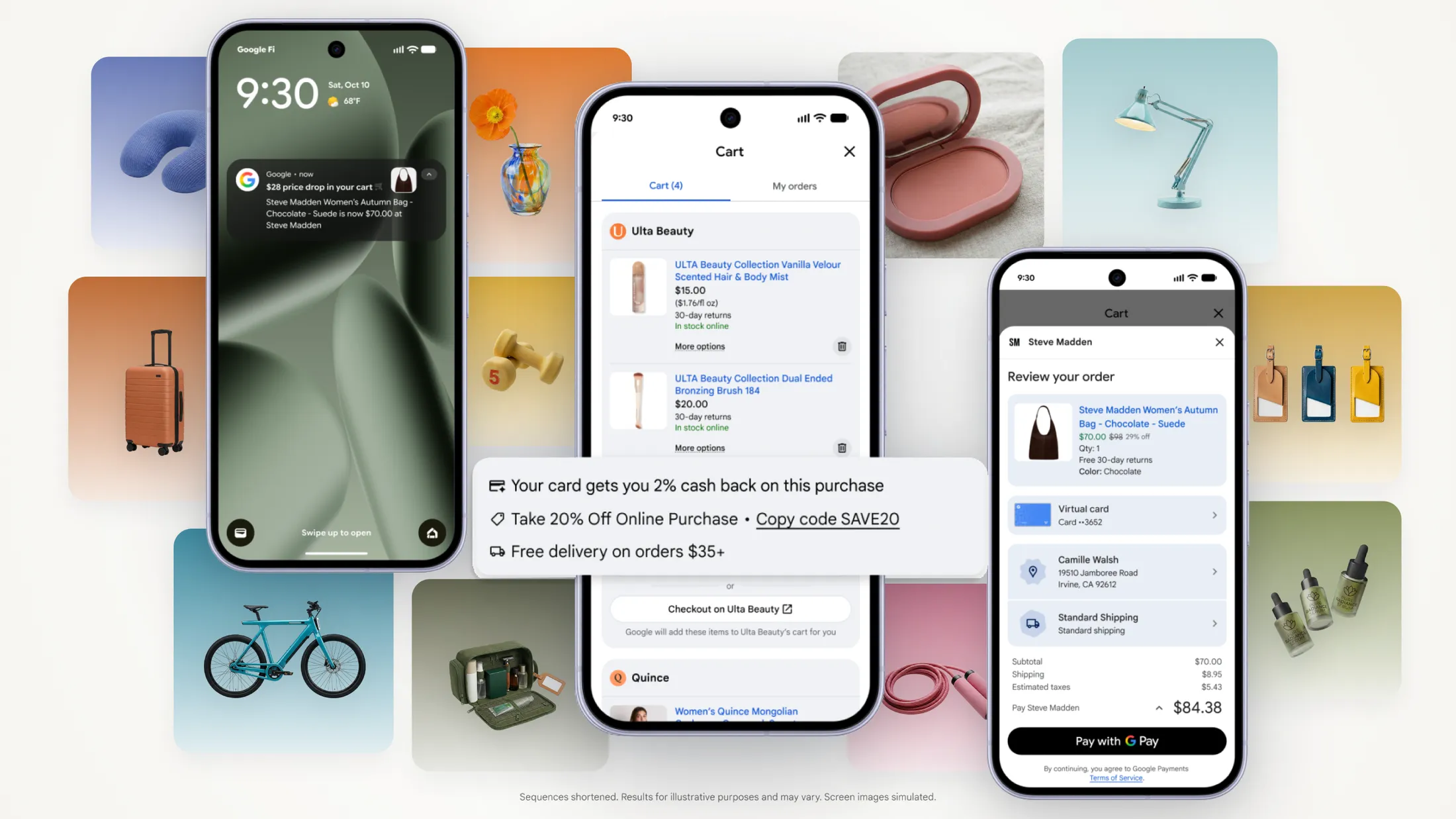 Google’s simulated Universal Cart demonstration shows a price-drop alert, an Ulta Beauty and Quince cart, a promotion callout and a Steve Madden Google Pay checkout.