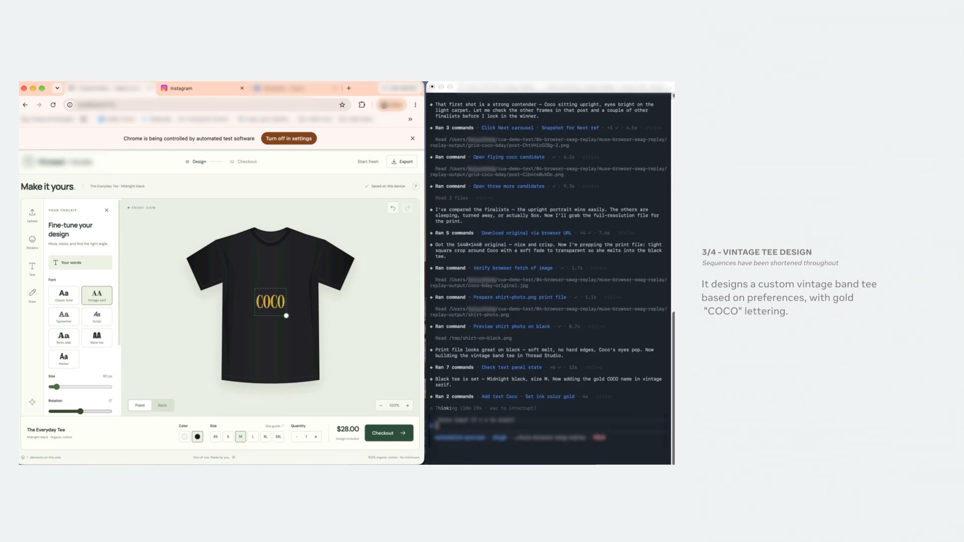 Meta’s Muse Wonder demonstration shows a personalised black T-shirt being designed in a browser beside the agent’s work log and the explanation of its design choices.