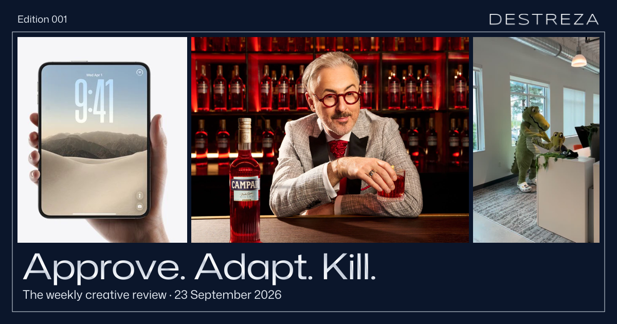 Apple, Campari and Crocs in Destreza’s Approve. Adapt. Kill. Edition 001 frame