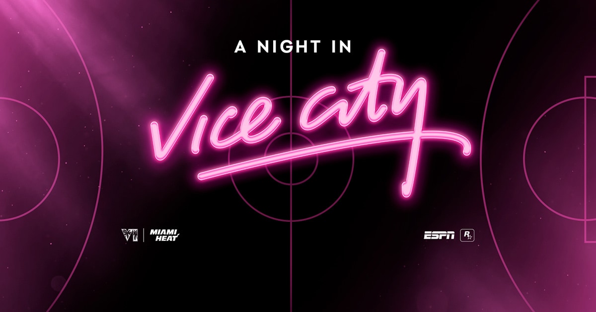 Official Miami HEAT and Rockstar Games artwork: pink neon “A Night in Vice City” lettering over a basketball-court outline.