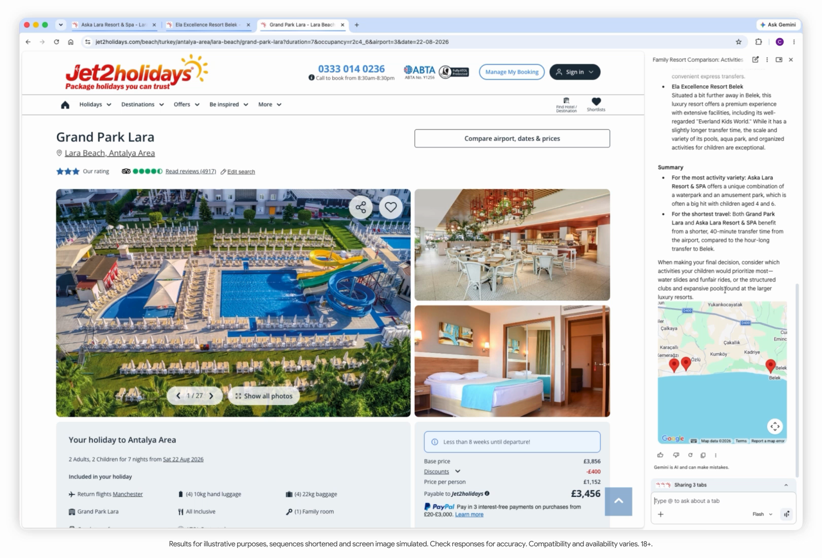 A complete desktop Chrome window displays a Jet2holidays hotel page beside Gemini’s comparison of three open tabs and a map.
