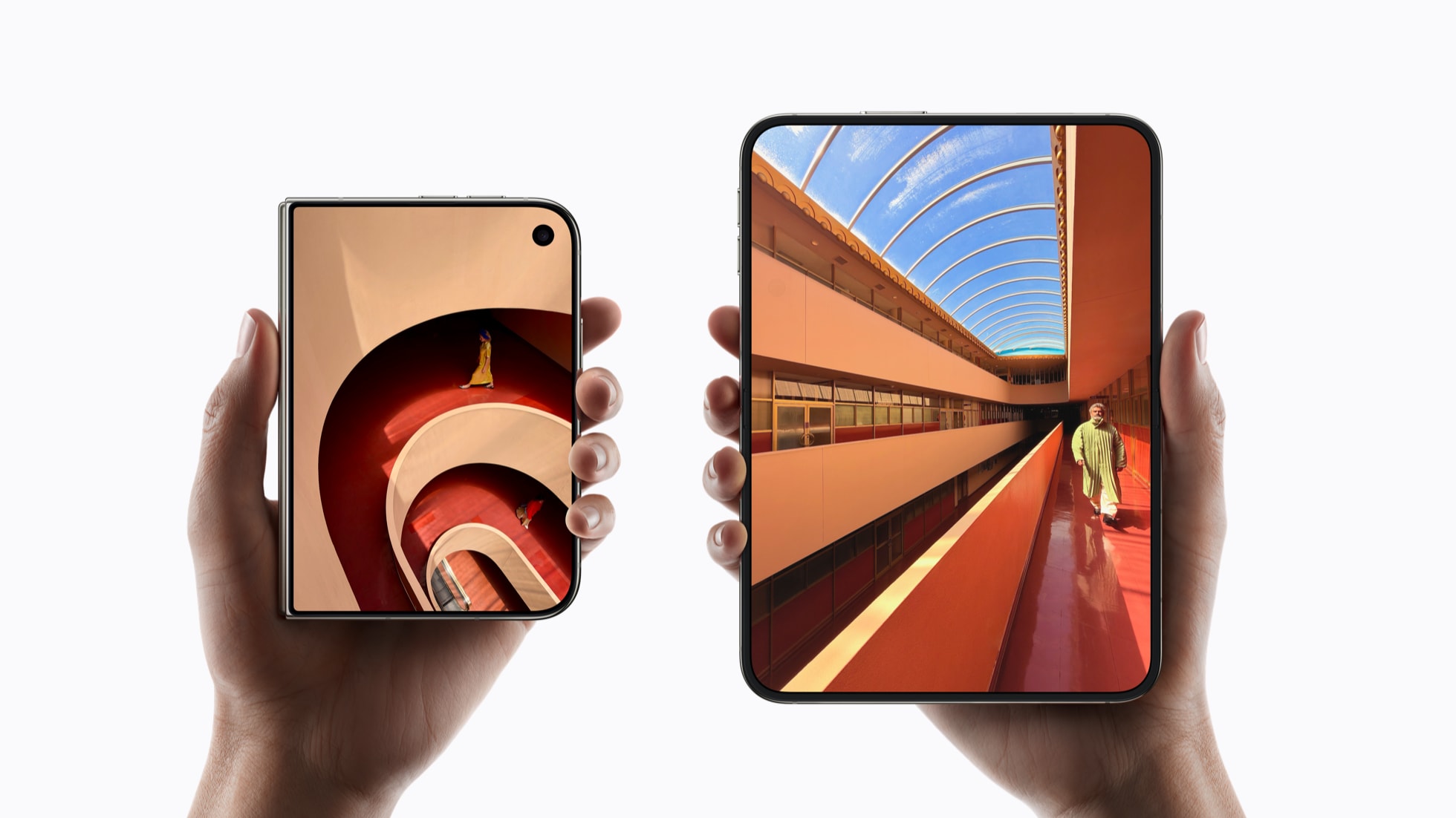 Apple’s official iPhone Duo image shows two hands holding the phone, folded on the left and open on the right, against a pale background.