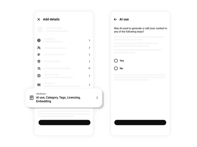 Two YouTube mobile upload screens show the controls for identifying realistic AI-generated or altered video.