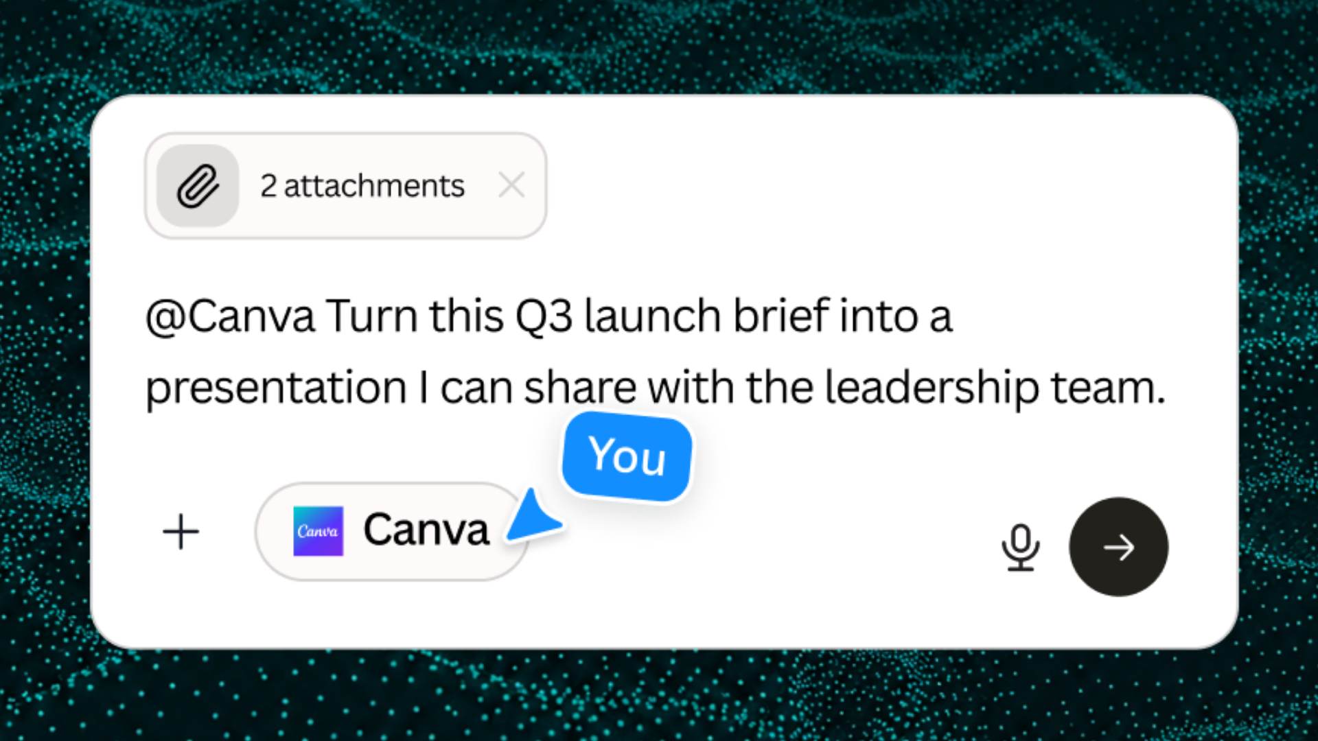 Canva’s official Perplexity Computer example shows an attached launch brief and a prompt asking for a presentation to share with a leadership team.