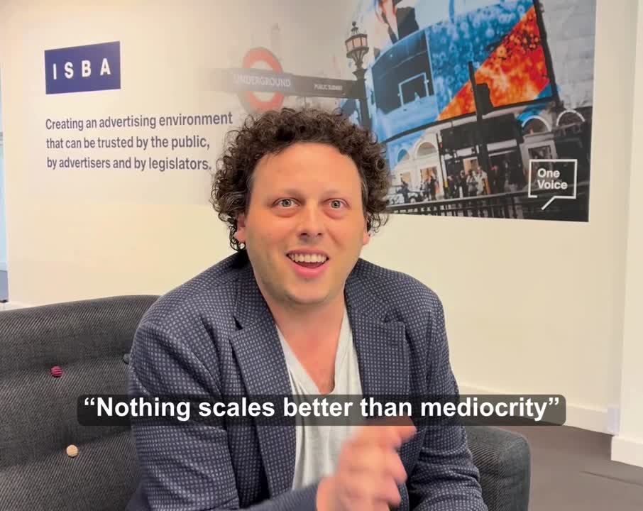 Nick Louisson presenting ISBA’s 2026 Gen AI survey, with the original subtitle “Nothing scales better than mediocrity”.