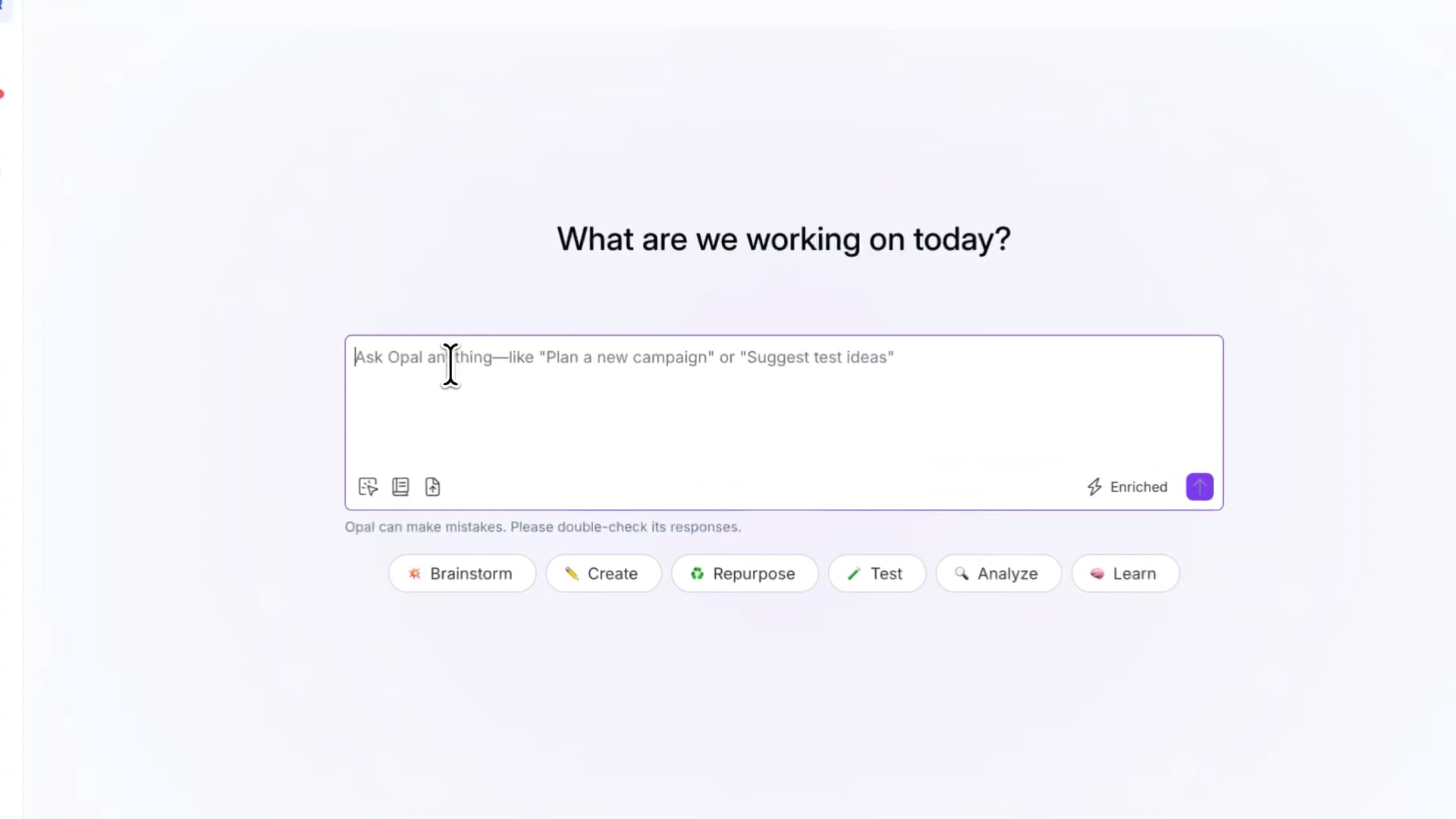 The Optimizely Opal interface at the start of Conductor’s June10 AI Brand Visibility Report Agent demonstration, asking what the user wants to work on.
